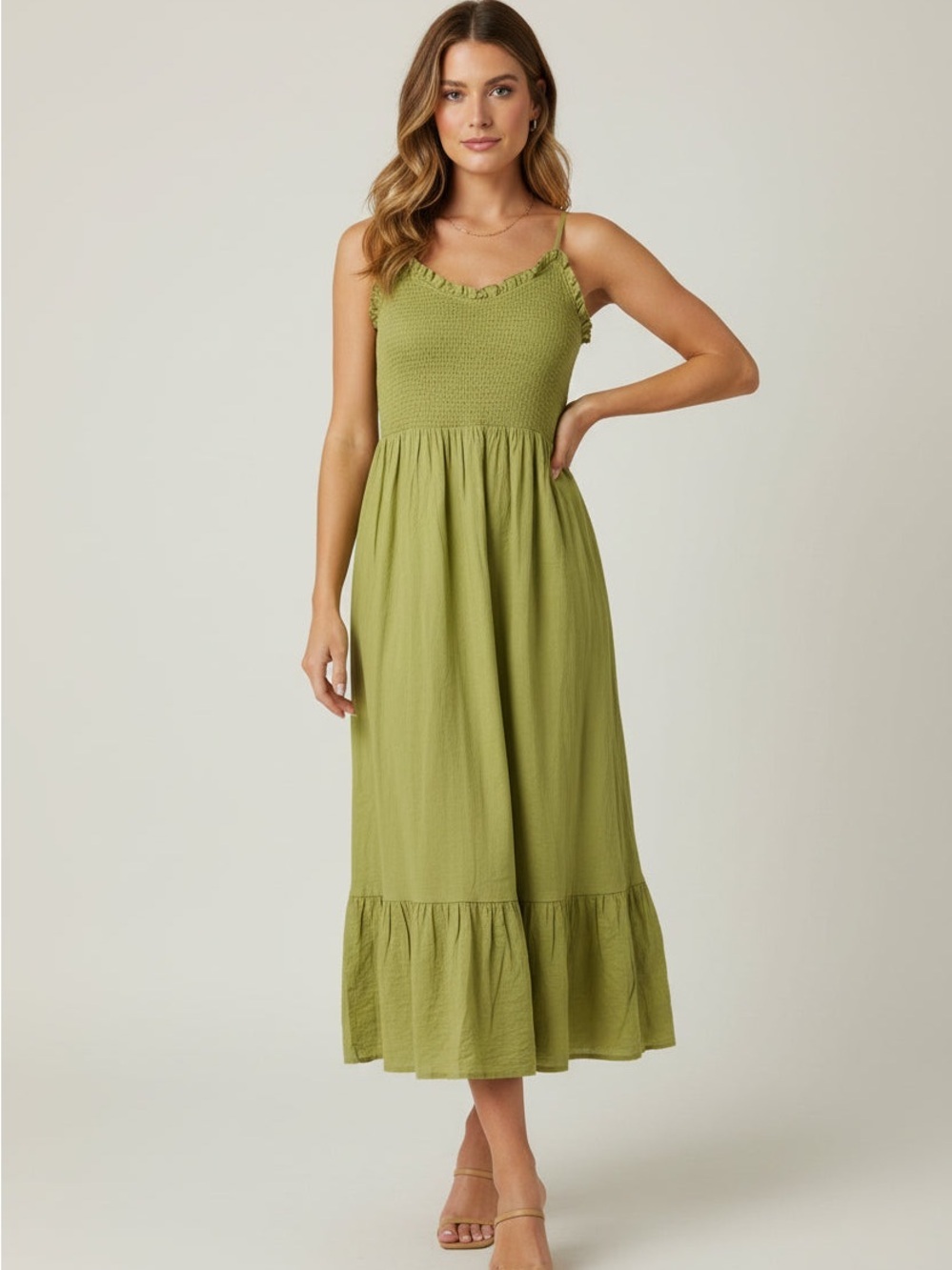 Bila Olive Green Smocked Maxi Dress with Ruffle Hem